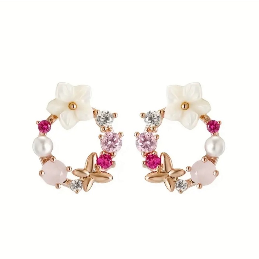 Cherry Blossom Inlaid Zircon Earrings Stud Sweet Floral